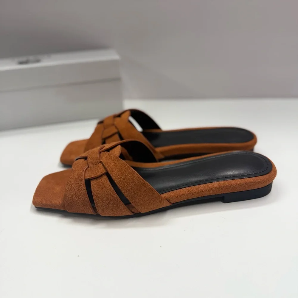 Women's Brown Suede Slide Sandals - Knotted Strap - Picture 8 of 9
